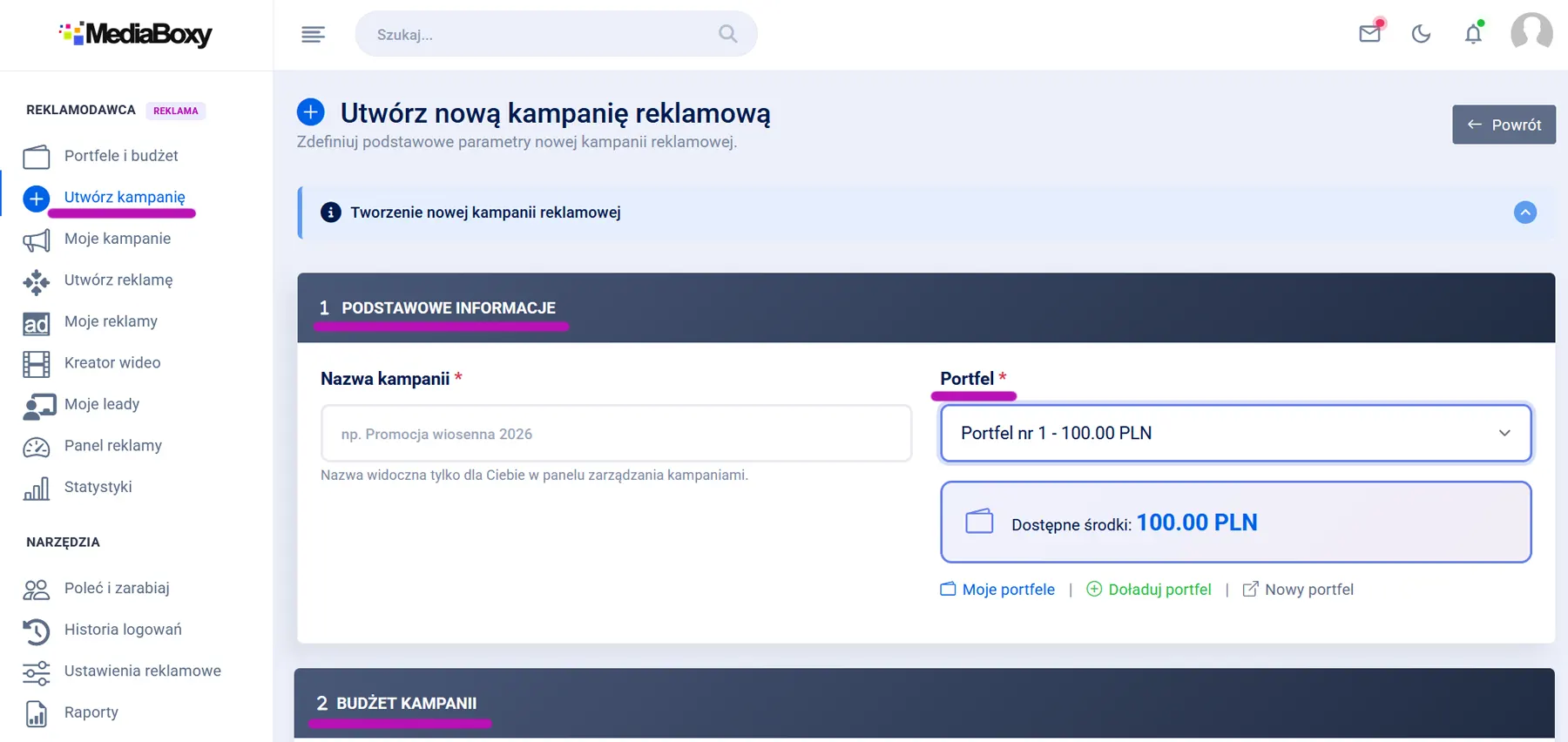 Formularz Nowa kampania w panelu MediaBoxy - pola nazwa kampanii i wybór portfela