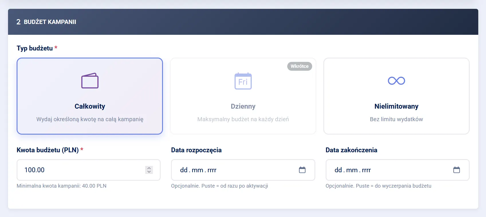Wybór typu budżetu kampanii w MediaBoxy - Total, Daily, Nielimitowany