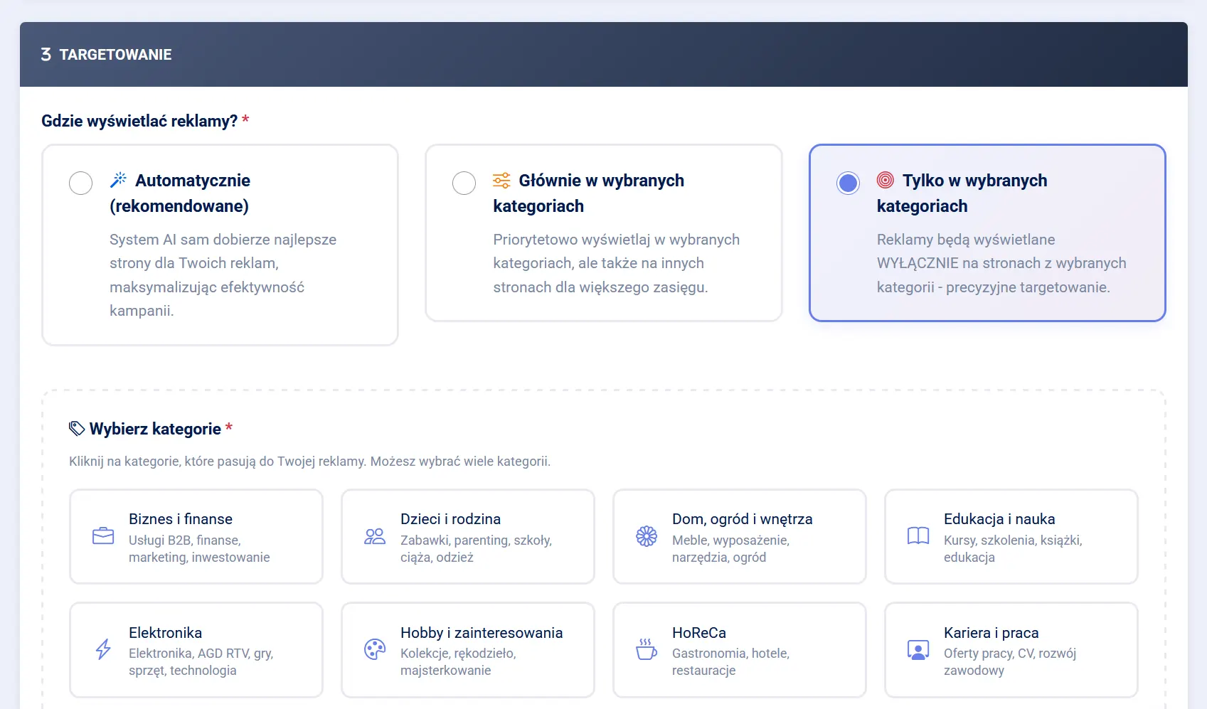 Wybór targetowania kampanii w MediaBoxy - automatyczne, wybrane kategorie