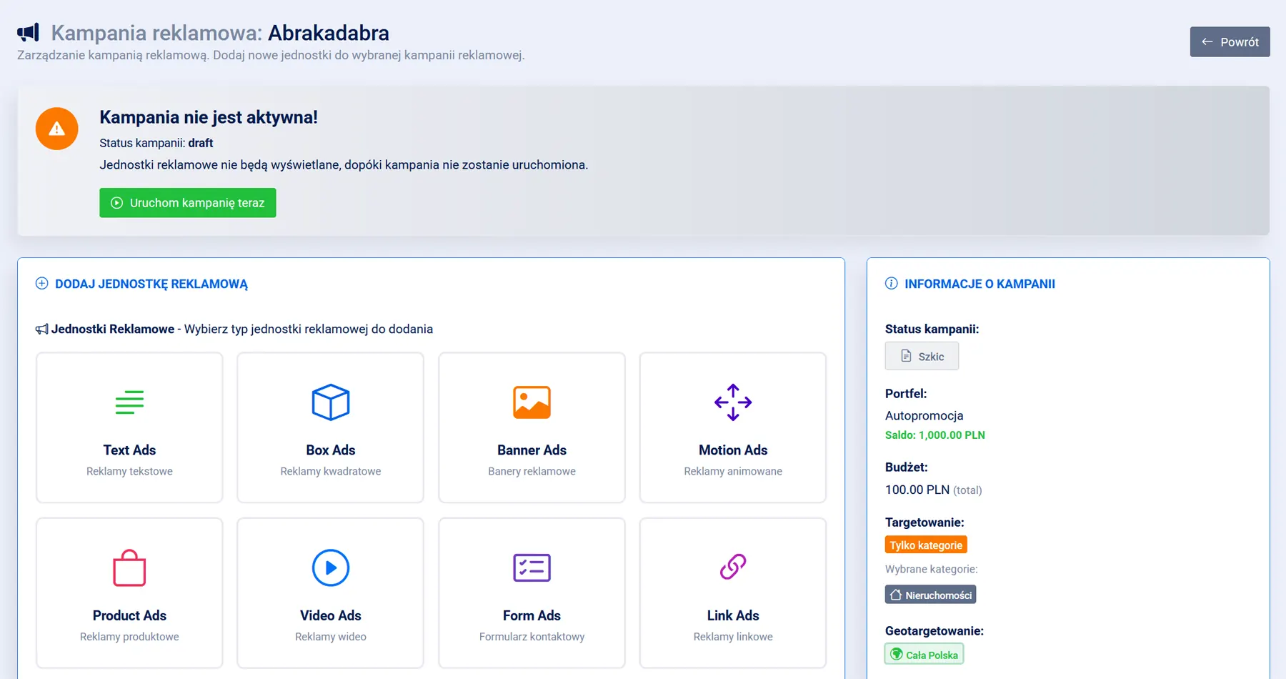 Formularz dodawania jednostki reklamowej w MediaBoxy - Text Ads, Box Ads, Banner Ads, Product Ads