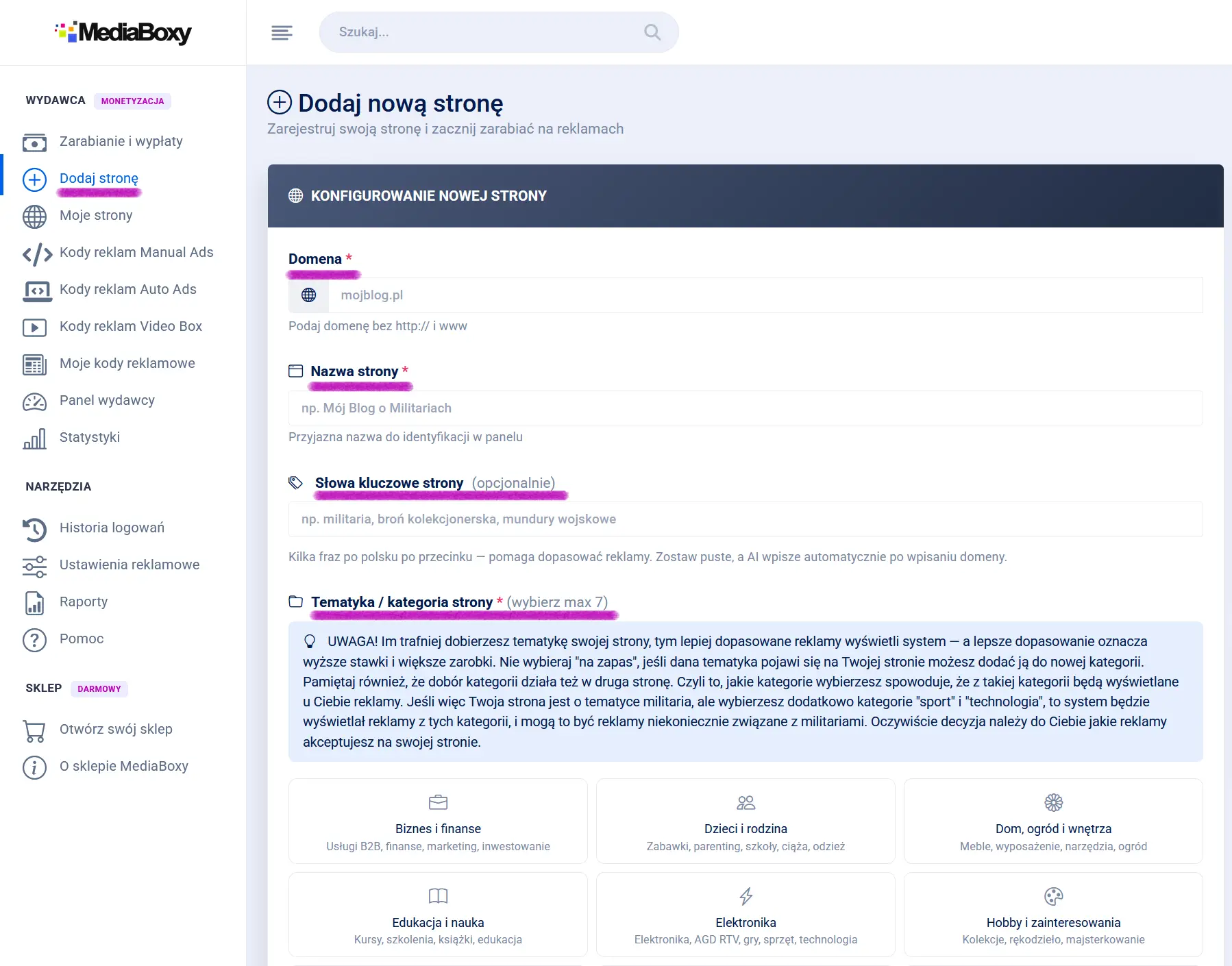 Formularz dodawania nowej strony wydawcy w panelu MediaBoxy - pola domena, nazwa strony, kategorie tematyczne