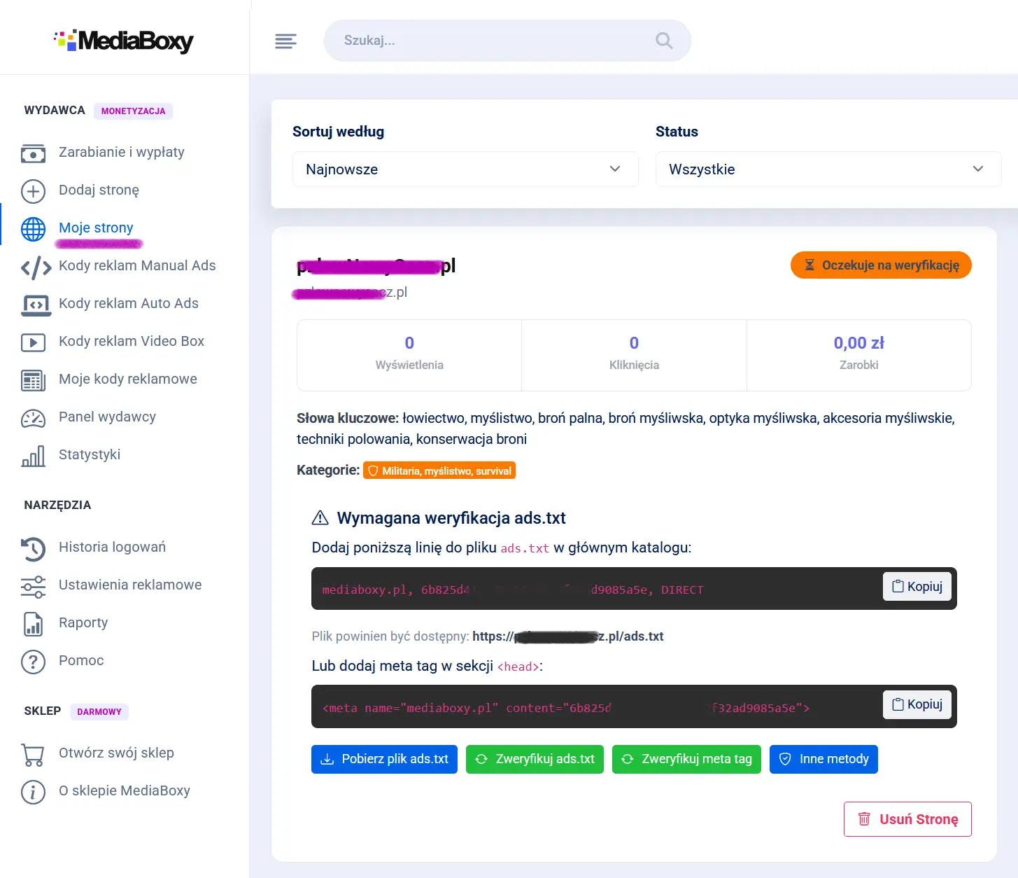 Panel Moje Strony w MediaBoxy - widok weryfikacji ads.txt z wygenerowanym wpisem do skopiowania