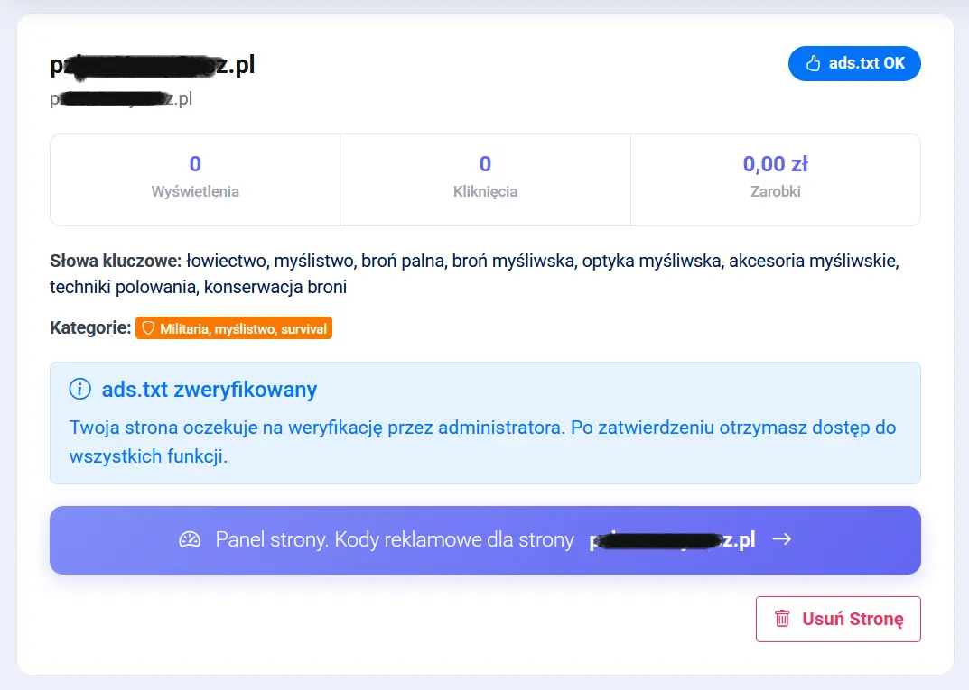 Potwierdzenie weryfikacji strony w panelu MediaBoxy - status Zweryfikowana