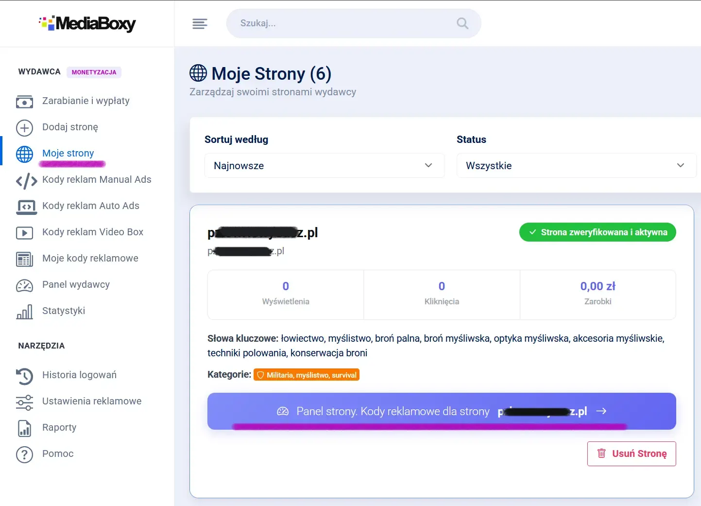 Panel strony wydawcy w MediaBoxy - statystyki i dostęp do kodów reklamowych