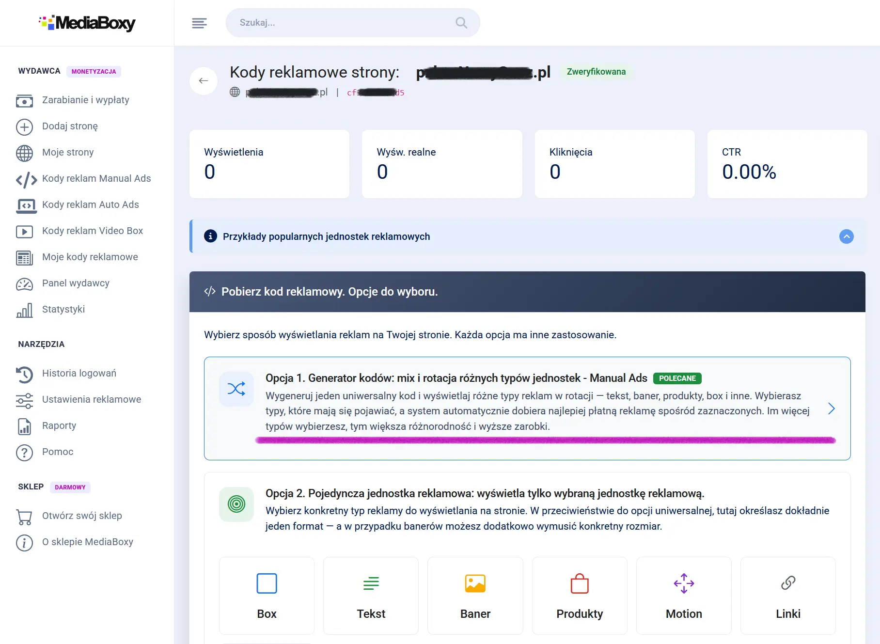 Wybór typu kodów reklamowych w MediaBoxy - opcja Manual Ads generator kodów