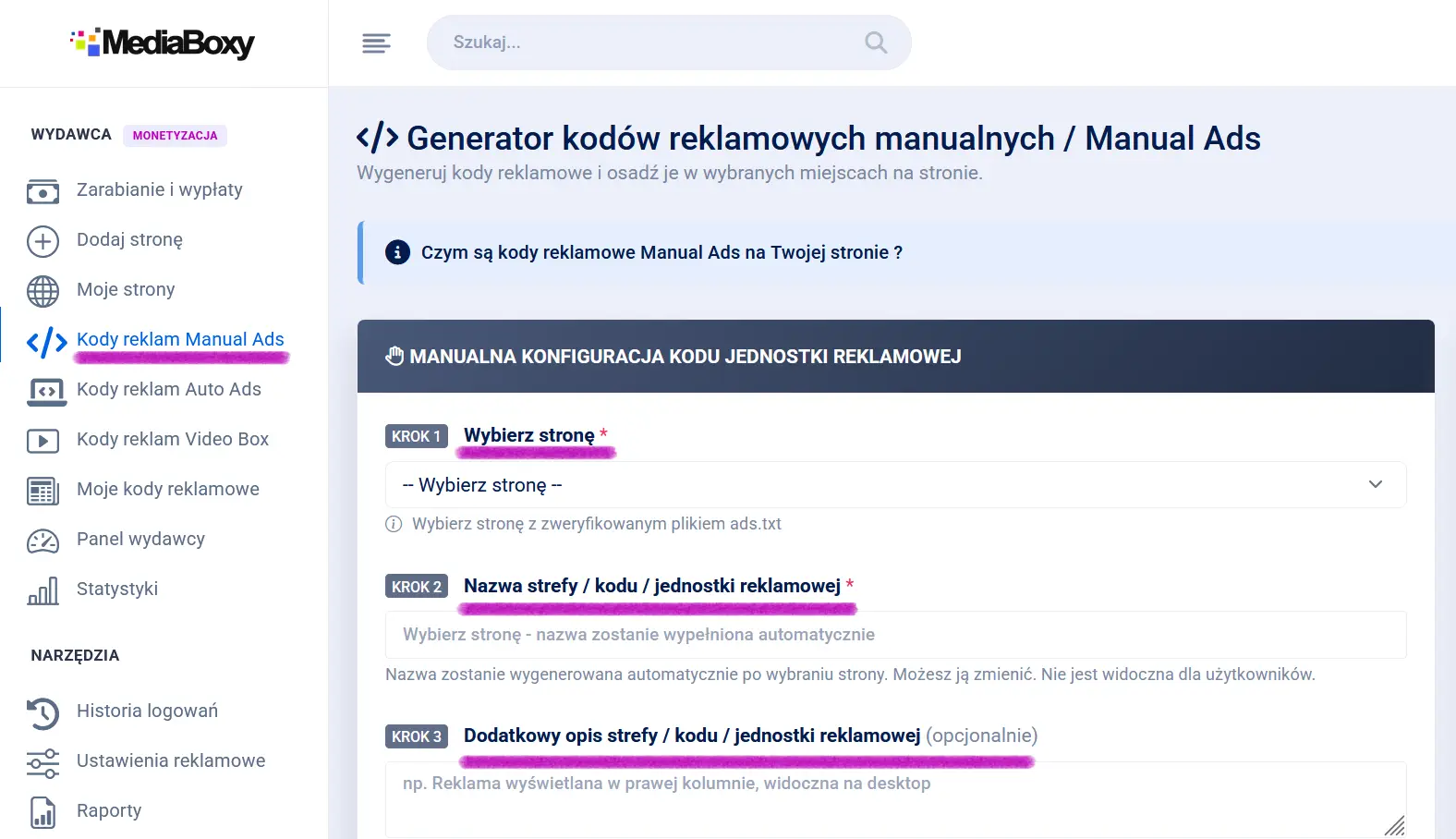Generator kodów reklamowych Manual Ads w MediaBoxy - formularz konfiguracji jednostki reklamowej